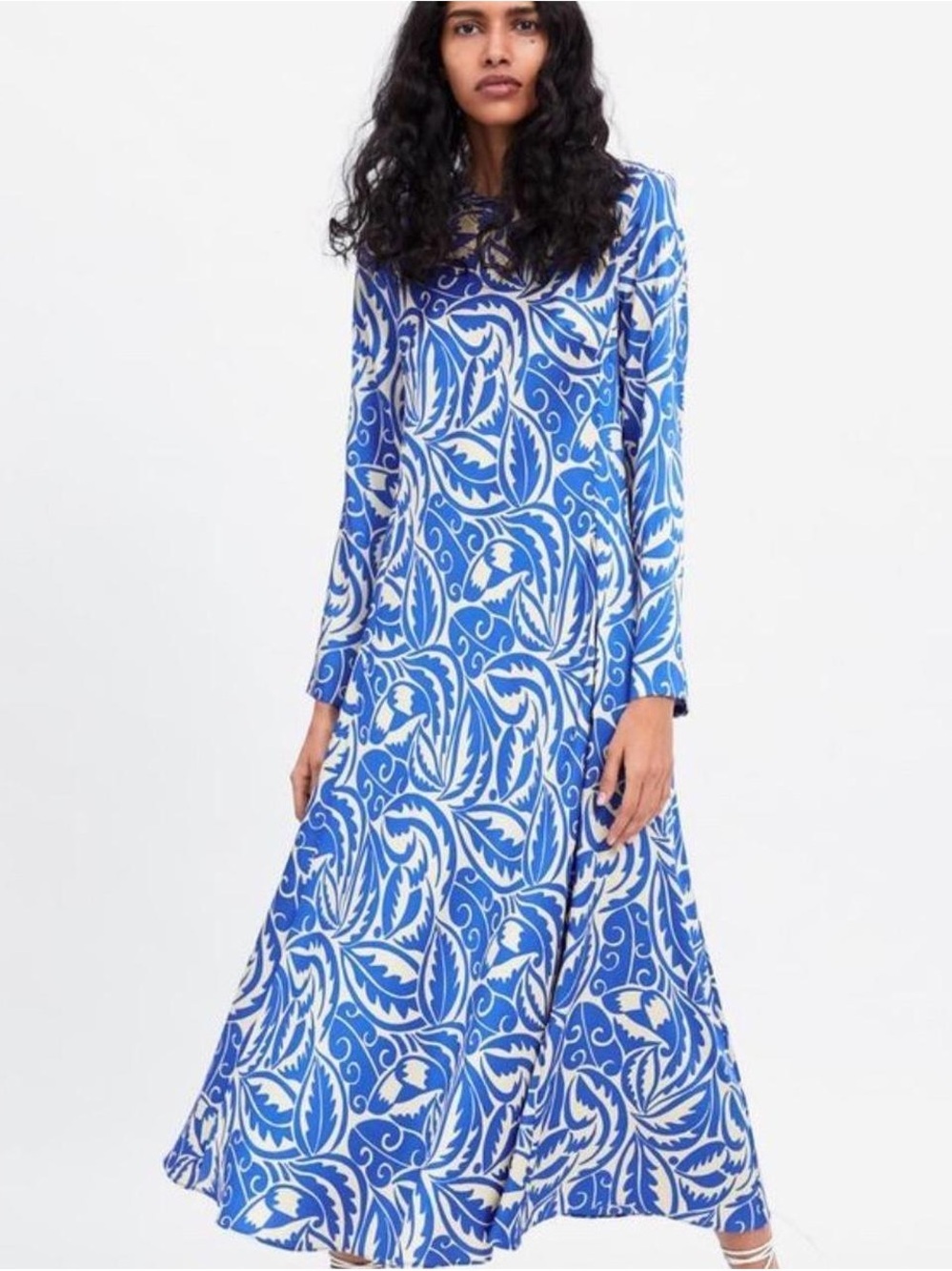 Zara Blue and White Printed Long Sleeve Maxi Dress